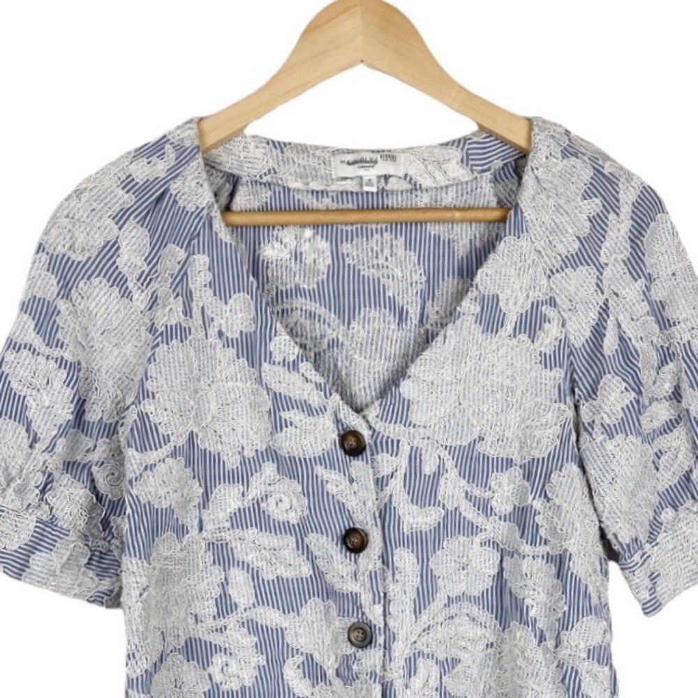 Waverly Grey Embroidered Striped Button Front Blouse Size Small - Picture 2 of 9